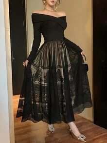 DAZY Women's Square Neck Long Sleeve Cinched Waist Lace Patchwork Elegant Dress Fall - Black - View 1