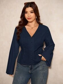 Elaquor 大尺碼女款純色V領長袖鈕扣設計休閒襯衫 - 藏蓝色 - 查看 1