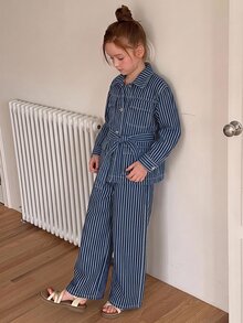 Dazy Kids Striped Lapel Loose Casual Autumn/Winter Jacket & Straight Leg Pants 2 Pieces Set Denim Outfit For Girls (Large) - Navy Blue - View 4