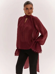 SHEIN BAE 女款優雅通勤純色蝴蝶結襯衫 - 酒紅色 - 查看 7