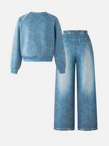 Tween Girls Ripped 2 Pieces Set, Crew Neck Raglan Crop Sweatshirt & Elastic Waist WideLeg DenimLook Pants, Casual Daily Matching Outfit - Blue - View 2