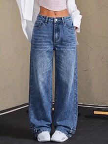 SHEIN Celana Jeans Denim Wanita Kasual Sehari-hari dengan Potongan Lebar, Dilengkapi Saku dan Kancing - Medium Wash - View 5
