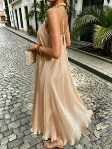 SHEIN Casual Elegant Tropical Fashion Women's Solid Color Spaghetti Strap Dress Vacation Apricot Summer - Beige - View 3