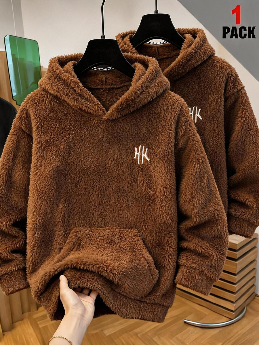 SHEIN 青少年男孩冬季舒適口袋長袖運動衫 - 棕色 - 查看 1