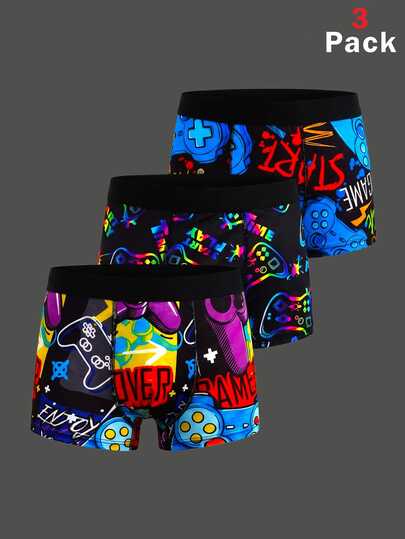 SHEIN 3 pièces caleçons boxer pour garçon préadolescent, simples et confortables, avec motif de manette de jeu et lettres mignonnes, taille élastique