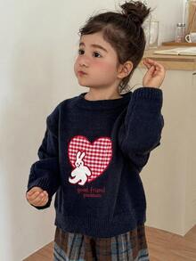 DAZY Young Girl Heart Embroidery Round Neck Drop Shoulder Long Sleeve Casual Sweater - Navy Blue - View 4