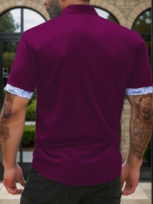 Manfinity Homme Men's Plus Size Patchwork Floral Pattern Short Sleeve Shirt - Purple - View 2