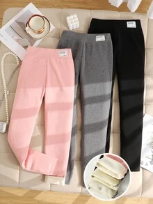 SHEIN 青少年女孩保暖內裡羅紋內搭褲 3件組，黑色粉色灰色拼接設計，返校季 - 彩色 - 查看 2