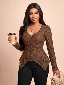 Brilight Sxy Deep V Front Button Slim Waist Hanky Hem Shirt For Shopping Club Casual Outfit - Brown - View 5