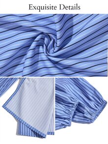 SOLERSUN Plus Size Women's Fashion Casual Shirt, Long Sleeve Lantern Sleeve Stand Collar Button-Up Chinese Style Red Frog Button Blouse, Blue Fine Striped Fabric, Suitable For Daily Wear, Holiday, Commuting - Blue - View 9
