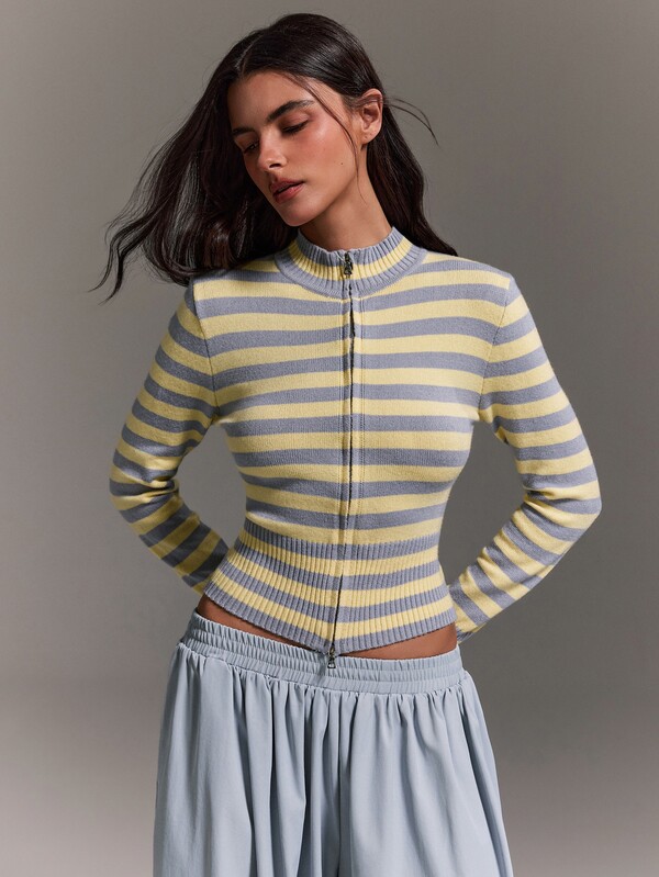 Athîral Cardigan zippé rayé, Top de pull rayé d'automne, Top tricoté
