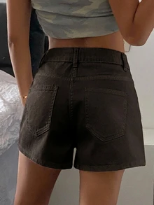 DAZY 女款高腰口袋休閒百搭牛仔短褲 秋季 - 咖啡棕 - 查看 3