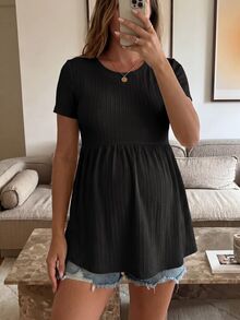 SHEIN 孕婦紋理極簡圓領短袖休閒T恤 - 黑色 - 查看 3
