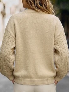valorelle valorelle Women's New Autumn/Winter Textured Knit Pullover Sweater, Cable Knit Round Neck Drop Shoulder Loose Lantern Long Sleeve Ribbed Hem Top - Apricot - View 2