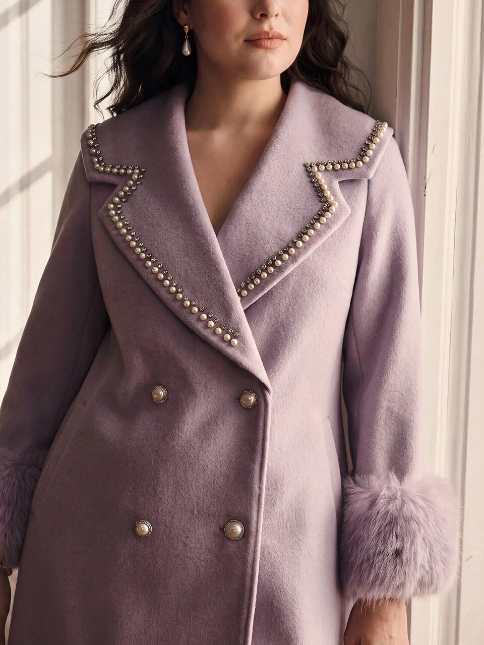 MOTF PLUS SIZE WOMEN'S AUTUMN/WINTER FAUX PEARL DECOR PATCHWORK FAUX FUR CUFF DOUBLE-BREASTED OPEN FRONT OVERCOAT