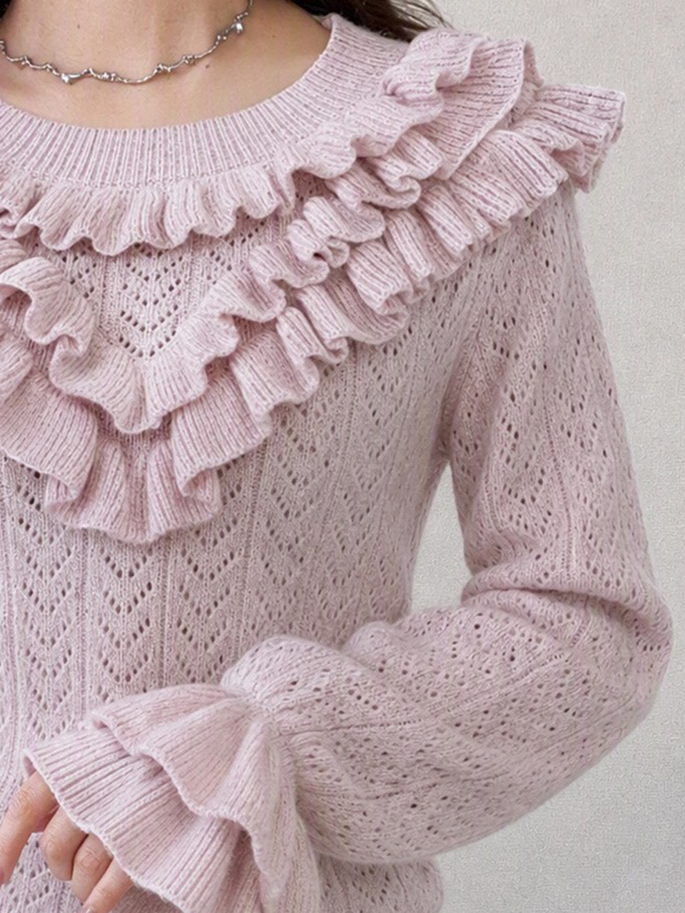 Pink Round Neck Multi-Layer Ruffle Hollow Out Knit Bell Sleeve Sweet Long Sleeve Women's Sweater