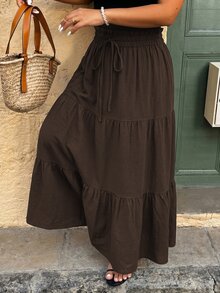 Lacomfia 女款春夏優雅休閒繫腰抽褶垂墜波希米亞高腰A字大碼分層黑色蛋糕裙 - 棕色 - 查看 3