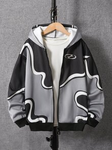 SHEIN 青少年男孩極簡街頭風字母印花拉鍊連帽冬款運動衫，休閒舒適柔軟面料 - 彩色 - 查看 1