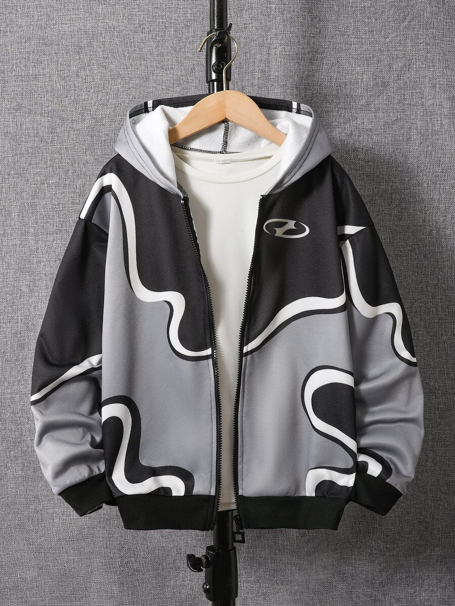 SHEIN 青少年男孩極簡街頭風字母印花拉鍊連帽冬款運動衫，休閒舒適柔軟面料 - 彩色 - 查看 1
