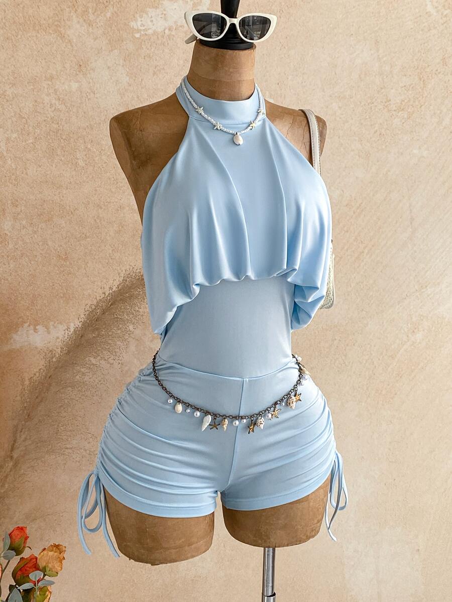Soleia Sexy Ruched Waist Halter Tie-Up Fitted Romper - Blue - View 1