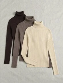 SHEIN LUNE 女款素色高領長袖休閒套頭毛衣 - 彩色 - 查看 4