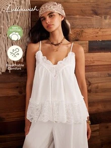 Lullawish Women's Patchwork Hollow Embroidery Camisole Sleepwear Top - White - View 1