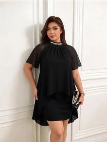 Femmeverse Women's Plus Size Summer New Pleated Halter Neck Flutter Sleeve Sequin Patchwork Cap Sleeve Party Dress High Waist Bodycon Dress - Black - View 4