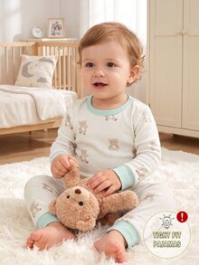 Baby Boys Spring/Autumn Cartoon Bear Print Random All-Over Print Crew Neck Long Sleeve Top And Elastic Waist Long Pants Snug Fit Loungewear - Multicolor - View 8