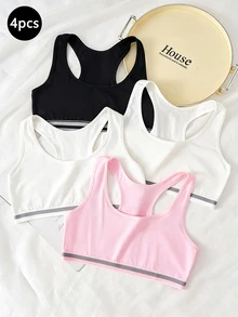 SHEIN 青少年女孩 4件組 灰色條紋運動背心式內衣，舒適柔軟針織 黑白粉純色無鋼圈短版內搭背心套裝 - 彩色 - 查看 1