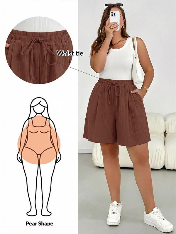 SHEIN Essnce شورتات مقاس كبير بتصميم بسيط مع نسيج محبب ورباط خصر وجيوب