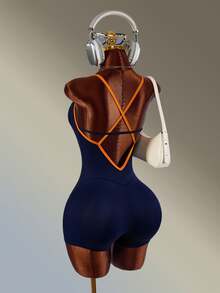 Amplova Women's Blue & Orange Colorblock X-Strap Backless Sports Romper - Navy Blue - View 9