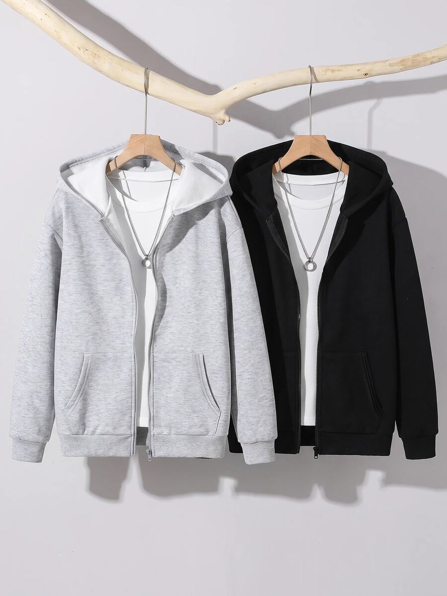 SHEIN 青少年男孩純色拉鍊休閒日常長袖運動衫 - 彩色 - 查看 1