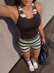 SHEIN Dewbera Women's 2026 New Casual Sports Elegant Striped Outdoor Set - Multicolor - View 4