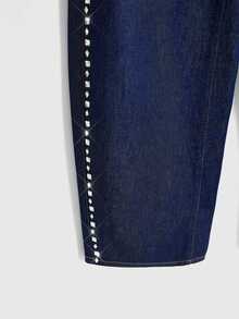 ROMWE Street Life Women's Low-Waist Curved Leg Denim Jeans With Original Blue Floral Letter Embroidery And Rhinestone Studs, Streetwear Versatile - Navy Blue - View 5
