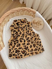 SHEIN 女嬰百搭秋冬豹紋毛絨背心外套 - 棕色 - 查看 2