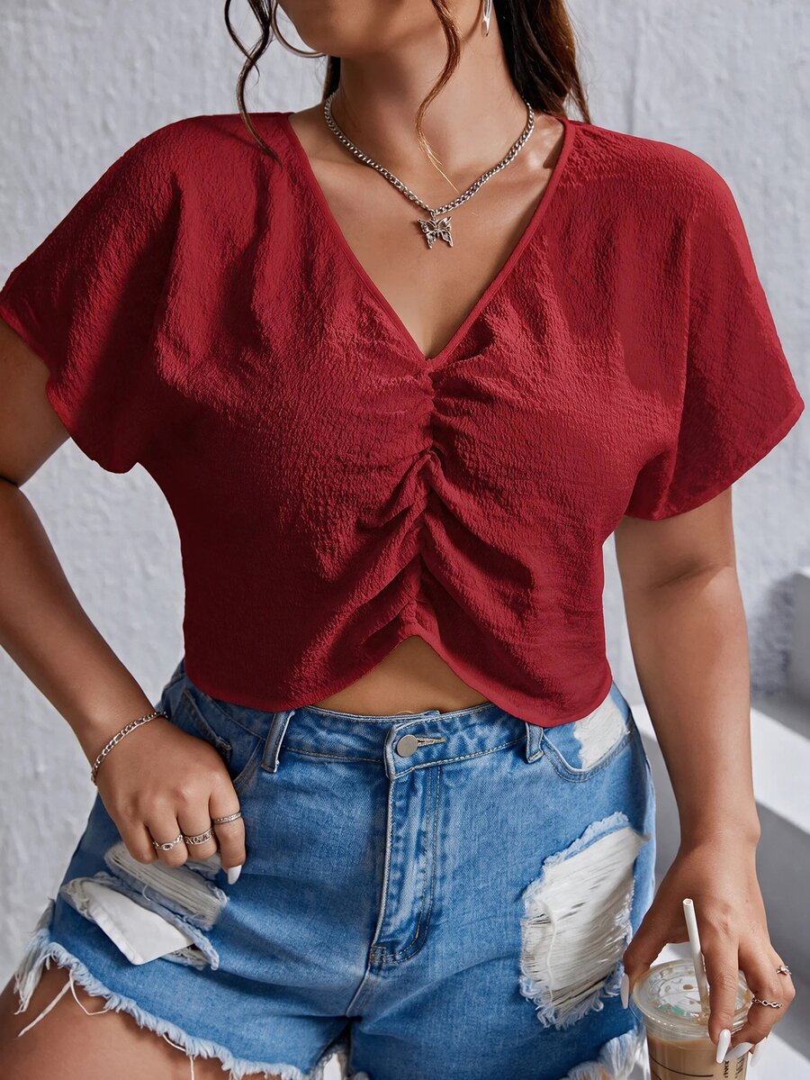 SHEIN EZwear 大尺碼簡約紋理百褶襯衫,適合度假 - 紅色 - 查看 1