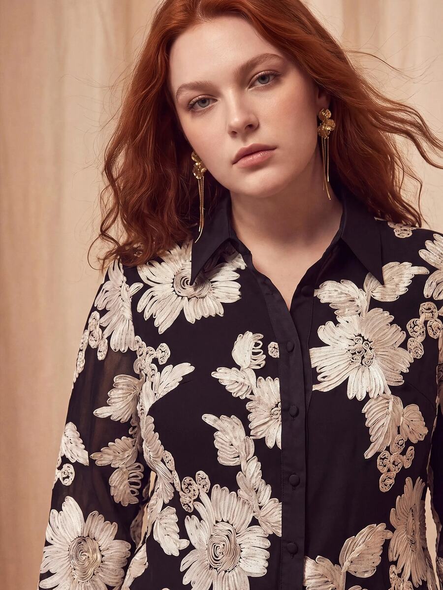 MOTF PREMIUM PLUS SIZE WOMEN'S FLORAL PRINT LONG SLEEVE BLOUSE FALL - Black - View 2