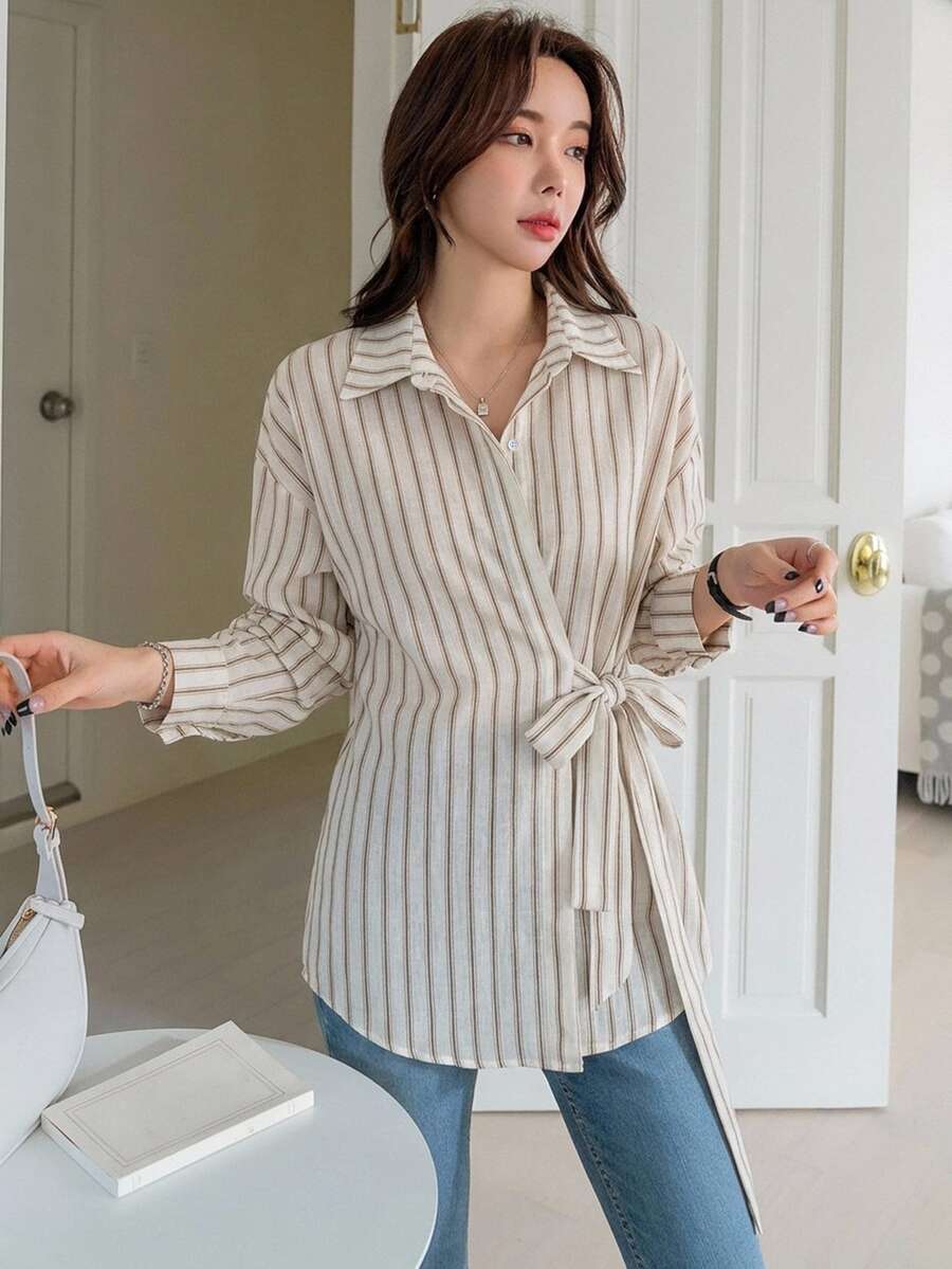 DAZY Women's Striped Long Sleeve Side Waist Tie Casual Shirt Fall - White - View 1