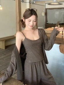 DAZY Women's Striped Long Sleeve Cardigan, Camisole And Pants Casual Set - Brown - View 10