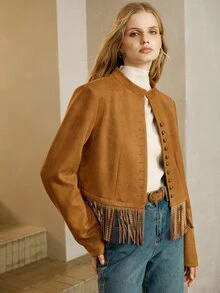 SHEIN Women's Jacket Short H-Line Soft Brushed Rhinestone Fringe Hem Multi-Button Stand Collar Commuting Vintage Brown Solid Western Outfits For Women Fall - Brown - View 2
