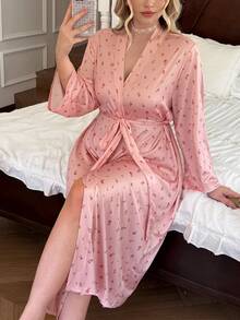 CottageSlumber Plus Size Women's Knit Ditsy Floral Tie-Front Robe - Dusty Pink - View 1
