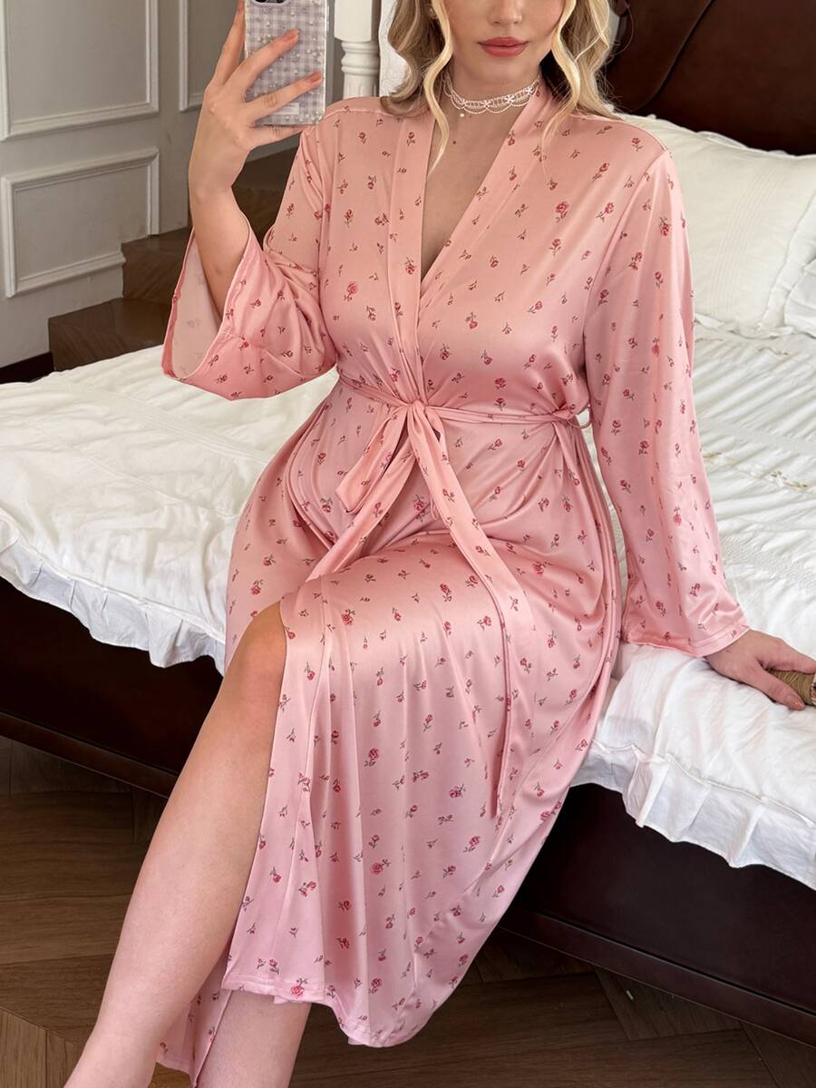 CottageSlumber Plus Size Women's Knit Ditsy Floral Tie-Front Robe - Dusty Pink - View 1