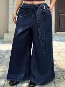Rivivi Plus Size Women Non-Stretch Denim Straight Leg Pants With Metal Button Decor, Cowboy Outfits For Women - Dark Wash - View 4