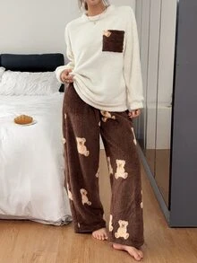 Napfluff Women's Casual Plush Teddy Bear Print Long Sleeve Pullover Pants Pajama Set - Multicolor - View 6