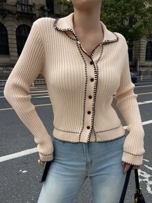 Livesso Women's Autumn Casual French Elegant Colorblock Trim Cardigan Work Brunch Black And White - Apricot - View 6