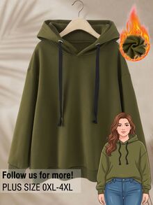 Rusticease Plus Size Women Solid Color Drawstring Hooded Sweatshirt For Daily Wear Autumn Formal Home Wear Going Out Olive Green Casual Baggy - Green - View 1
