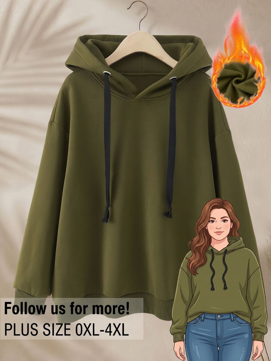 Rusticease Plus Size Women Solid Color Drawstring Hooded Sweatshirt For Daily Wear Autumn Formal Home Wear Going Out Olive Green Casual Baggy - Green - View 1