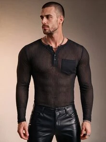ZURIURI Men's Casual Sheer Long Sleeve T-Shirt - Black - View 6