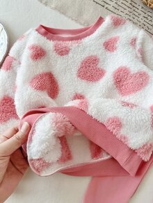SHEIN 女嬰針織愛心圖案人造毛領圓領休閒衛衣與長褲兩件套 - 彩色 - 查看 6