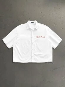 StoneGrade American Vintage Racing Car Silhouette Cursive English Typography Fashion Print Men's White Standard Size Cropped Drop Shoulder Loose Fit Short Sleeve Shirt - White - View 2